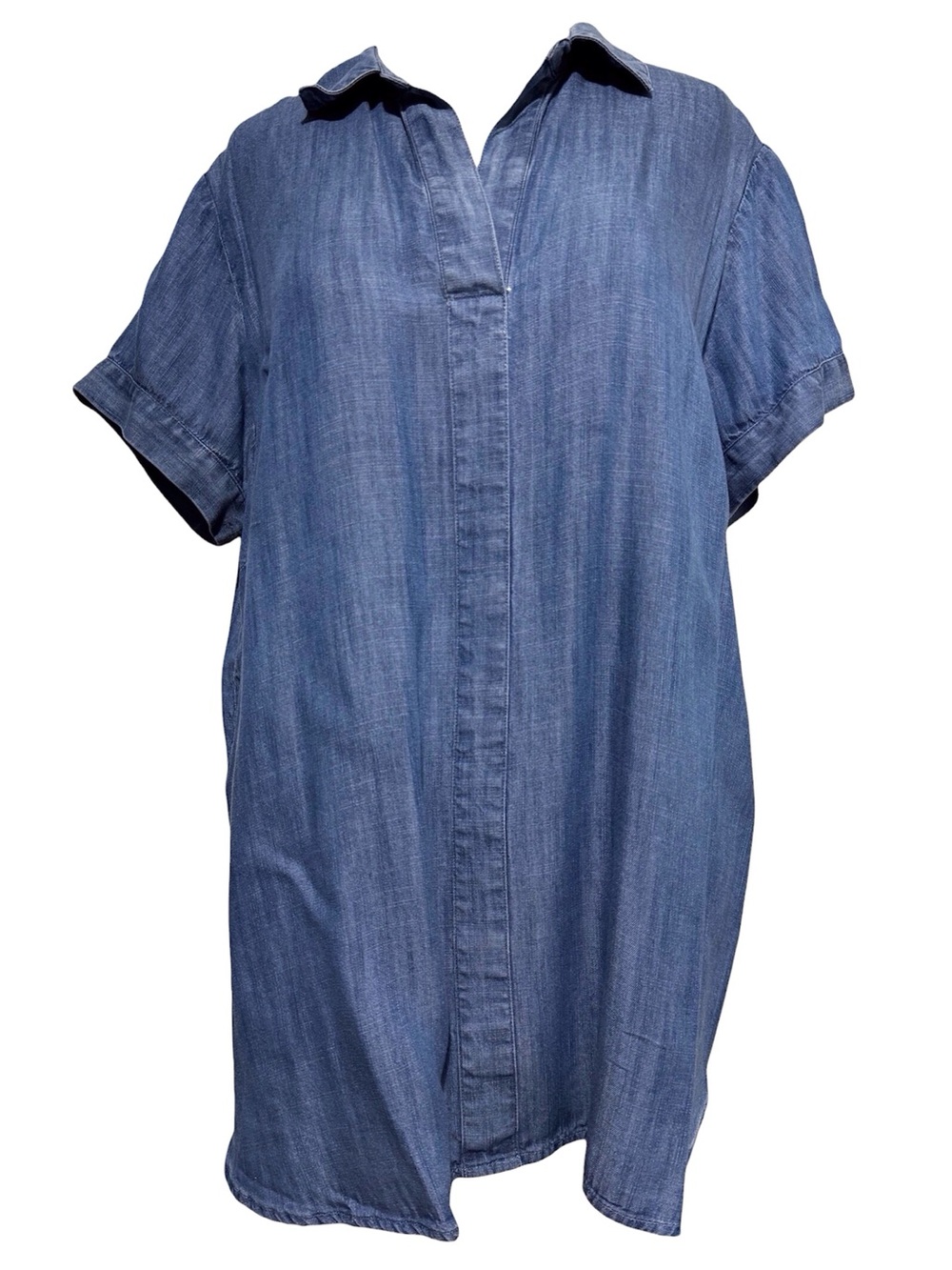 J. Jill Denim Chambray Collared Cap Sleeve Popover Top Blue V-Neck Blouse Large